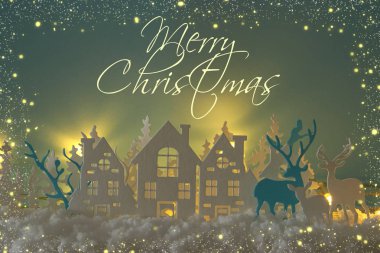 Evler, ağaçlar, geyik ve kar önünde, Altın ışık arka plan ile büyülü Noel kağıt kesme kış arka plan manzara