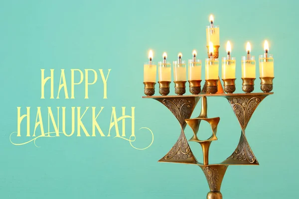 Imagem Férias Judaicas Hanukkah Fundo Com Menorah Candelabro Tradicional Velas — Fotografia de Stock