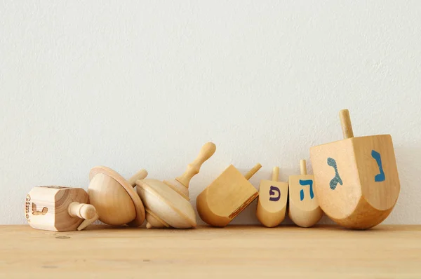 Bandiera Festa Ebraica Hanukkah Con Dreidels Legno Trottola — Foto Stock