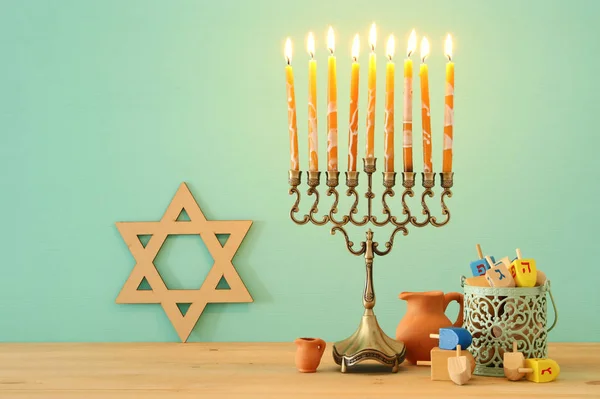 Billede Jødisk Ferie Hanukkah Baggrund Med Menorah Traditionel Candelabra - Stock-foto