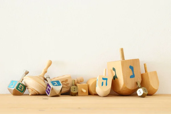 Banner Jewish Holiday Hanukkah Wooden Dreidels Spinning Top — Stock Photo, Image