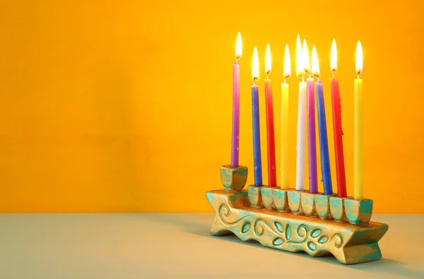 Imagen Vacaciones Judías Hanukkah Fondo Con Menorah Candelabro Tradicional —  Fotos de Stock