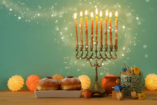 Image of jewish holiday Hanukkah background with menorah (traditional candelabra). — Stock Photo, Image