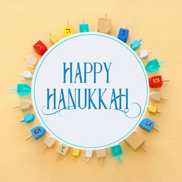 Afbeelding Van Joodse Vakantie Hanukkah Met Houten Dreidels Collectie Spinnen — Stockfoto