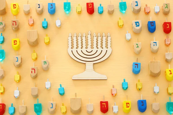 Immagine Festa Ebraica Hanukkah Con Dreidels Legno Colection Filatura Superiore — Foto Stock