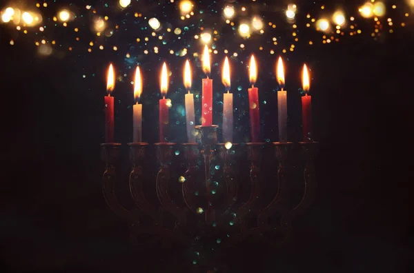 Image Jewish Holiday Hanukkah Background Menorah Traditional Candelabra Burning Candles — Stock Photo, Image