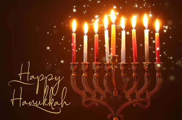 Imagem Férias Judaicas Hanukkah Fundo Com Menorah Candelabro Tradicional Velas — Fotografia de Stock