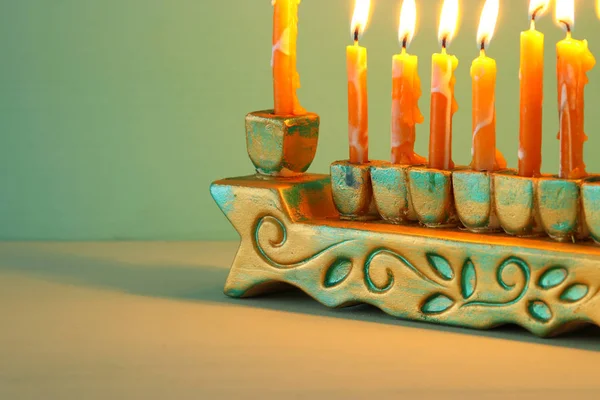 Image Jewish Holiday Hanukkah Background Menorah Traditional Candelabra — Stock Photo, Image