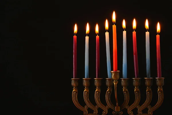 Imagen Vacaciones Judías Fondo Hanukkah Con Menorah Candelabros Tradicionales Velas — Foto de Stock