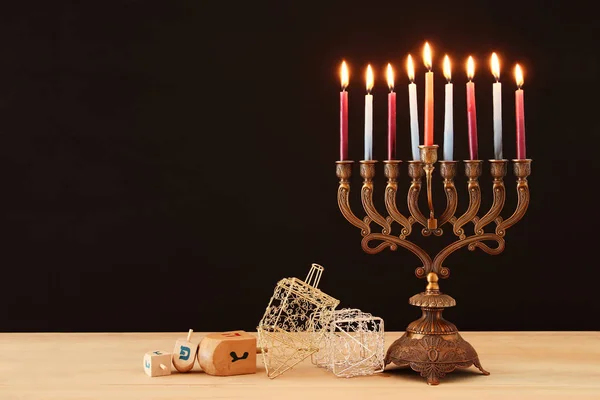 Yahudi Tatil Hanukkah Menorah Geleneksel Mumluk Yanan Mumlar Arka Plan — Stok fotoğraf