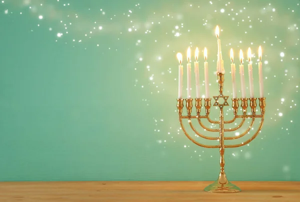 Imagem Férias Judaicas Hanukkah Fundo Com Menorah Candelabro Tradicional Velas — Fotografia de Stock