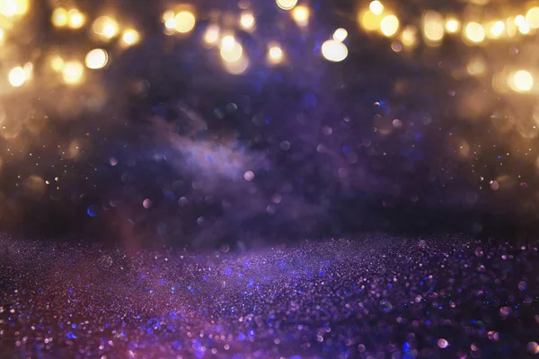 Блестки Винтажные Огни Фона Черный Золотой Фиолетовый Focused — стоковое фото