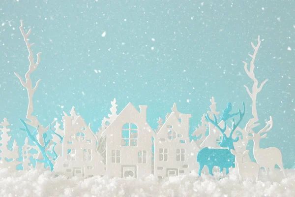 Magische Kerst Papier Gesneden Winter Achtergrond Landschap Met Huizen Bomen — Stockfoto