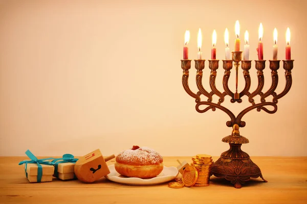 Obrázek Židovský Svátek Chanuka Pozadí Tradičními Spinnig Nahoře Menora Tradiční — Stock fotografie