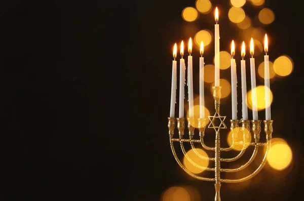 Imagem Férias Judaicas Hanukkah Fundo Com Menorah Candelabro Tradicional Velas — Fotografia de Stock