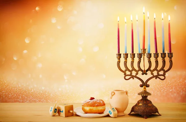 Yahudi Tatil Hanukkah Menorah Geleneksel Mumluk Mumlar Glitter Parlak Arka — Stok fotoğraf