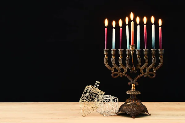 Obrázek Židovský Svátek Chanuka Pozadí Menora Tradiční Svícen Hořící Svíčky — Stock fotografie