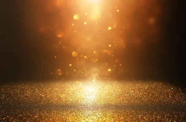 Glitter Vintage Lights Background Black Gold Focused — Stock Photo, Image