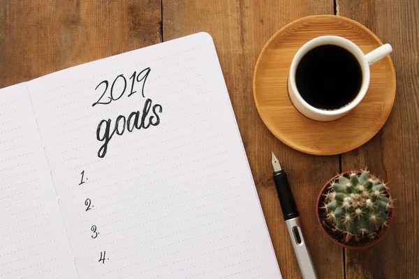 Top View 2019 Goals List Notebook Cup Coffee Wooden Desk — Stock Photo, Image