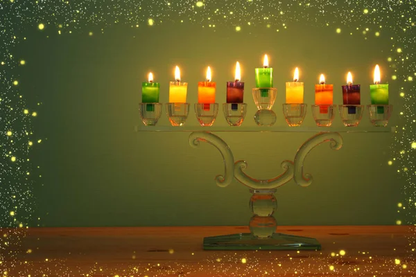 Bilden Judiska Högtiden Hanukkah Bakgrund Med Crystal Menorah Traditionella Kandelabrar — Stockfoto