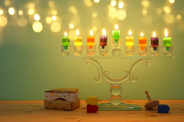 Bilden Judiska Högtiden Hanukkah Bakgrund Med Crystal Menorah Traditionella Kandelabrar — Stockfoto