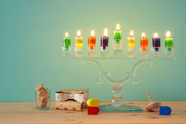 Bilden Judiska Högtiden Hanukkah Bakgrund Med Crystal Menorah Traditionella Kandelabrar — Stockfoto