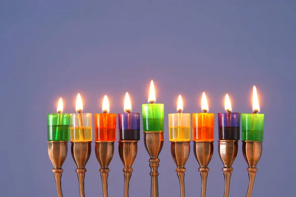 Image Jewish Holiday Hanukkah Background Menorah Traditional Candelabra Colorful Oil — Stock Photo, Image