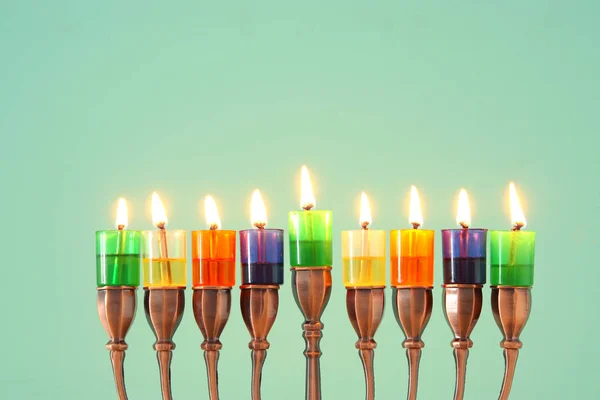 Image Jewish Holiday Hanukkah Background Menorah Traditional Candelabra Colorful Oil — Stock Photo, Image