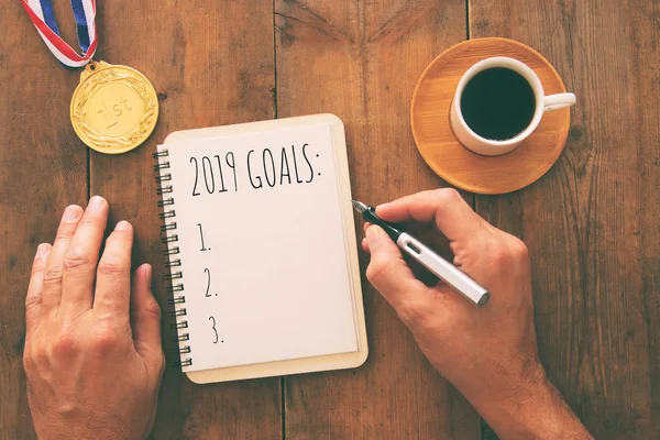 Top View 2019 Goals List Notebook Cup Coffee Wooden Desk — Stock Photo, Image