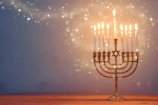 Imagem Férias Judaicas Hanukkah Fundo Com Menorah Candelabro Tradicional Velas — Fotografia de Stock