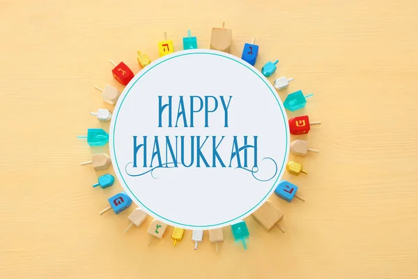 Afbeelding Van Joodse Vakantie Hanukkah Met Houten Dreidels Collectie Spinnen — Stockfoto