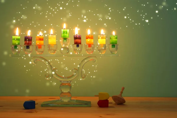 Bilden Judiska Högtiden Hanukkah Bakgrund Med Crystal Menorah Traditionella Kandelabrar — Stockfoto