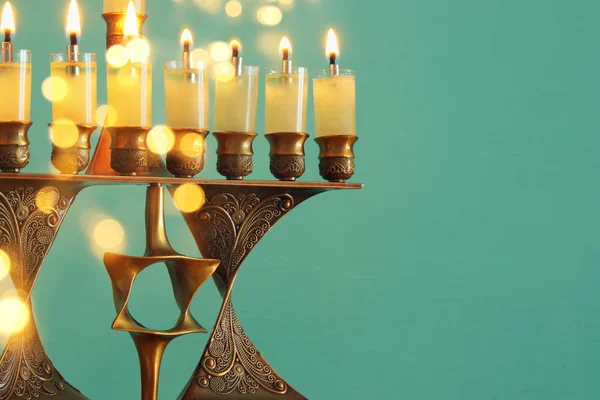 Imagem Férias Judaicas Hanukkah Fundo Com Menorah Candelabro Tradicional Velas — Fotografia de Stock