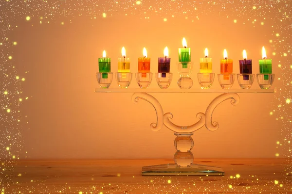 Imagem Férias Judaicas Hanukkah Fundo Com Menorah Cristal Candelabro Tradicional — Fotografia de Stock