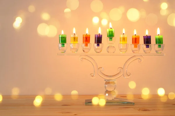 Image Jewish Holiday Hanukkah Background Crystal Menorah Traditional Candelabra Colorful — Stock Photo, Image