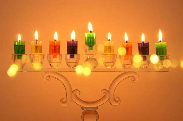 Image Jewish Holiday Hanukkah Background Crystal Menorah Traditional Candelabra Colorful — Stock Photo, Image