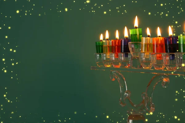 Imagem Férias Judaicas Hanukkah Fundo Com Menorah Cristal Candelabro Tradicional — Fotografia de Stock