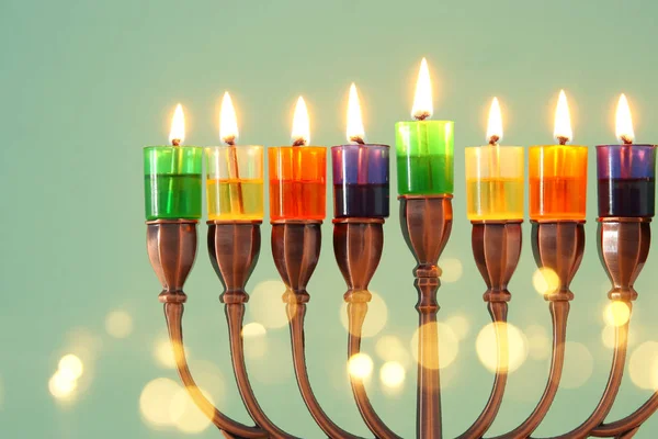 Image Vacances Juives Hanoukka Fond Avec Menorah Candélabre Traditionnel Bougies — Photo