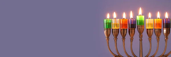 Bilden Judiska Högtiden Hanukkah Bakgrund Med Menorah Traditionella Kandelabrar Och — Stockfoto