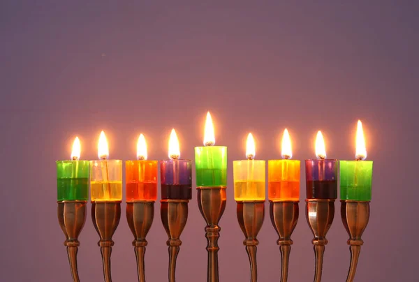 Image Jewish Holiday Hanukkah Background Menorah Traditional Candelabra Colorful Oil — Stock Photo, Image