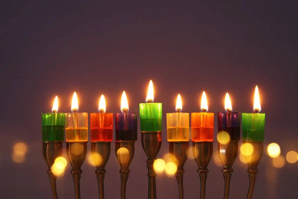 Imagen Vacaciones Judías Fondo Hanukkah Con Menorah Candelabros Tradicionales Velas — Foto de Stock