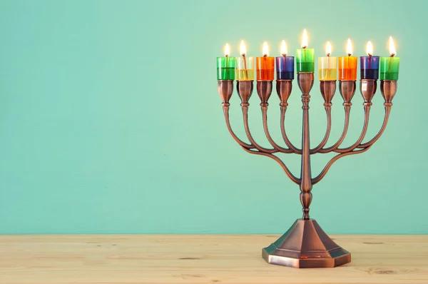 Imagen Vacaciones Judías Fondo Hanukkah Con Menorah Candelabros Tradicionales Velas —  Fotos de Stock