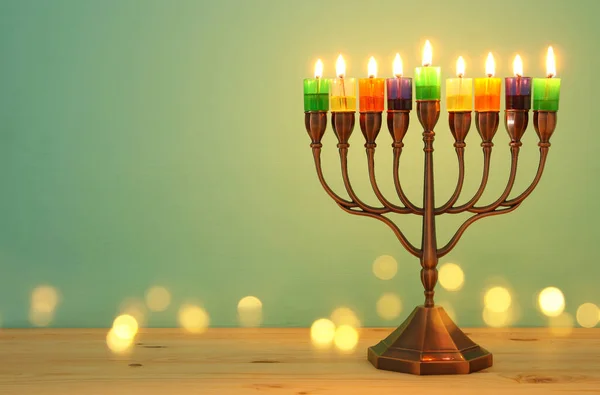 Imagen Vacaciones Judías Fondo Hanukkah Con Menorah Candelabros Tradicionales Velas —  Fotos de Stock