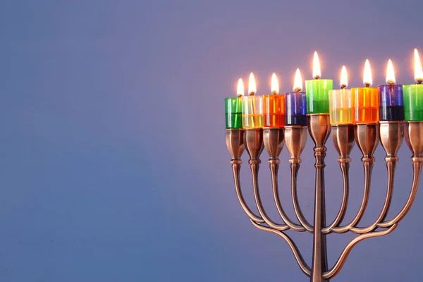 Image Jewish Holiday Hanukkah Background Menorah Traditional Candelabra Colorful Oil — Stock Photo, Image