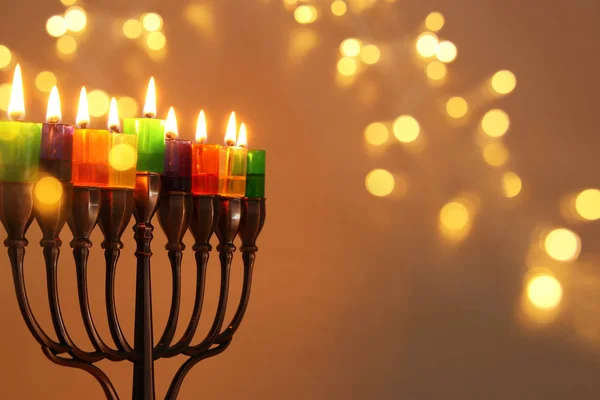 Imagen Vacaciones Judías Fondo Hanukkah Con Menorah Candelabros Tradicionales Velas — Foto de Stock