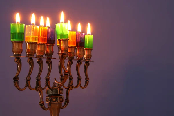Imagem Férias Judaicas Hanukkah Fundo Com Menorah Candelabro Tradicional Velas — Fotografia de Stock