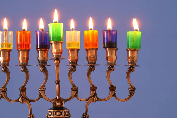 Image Jewish Holiday Hanukkah Background Menorah Traditional Candelabra Colorful Oil — Stock Photo, Image