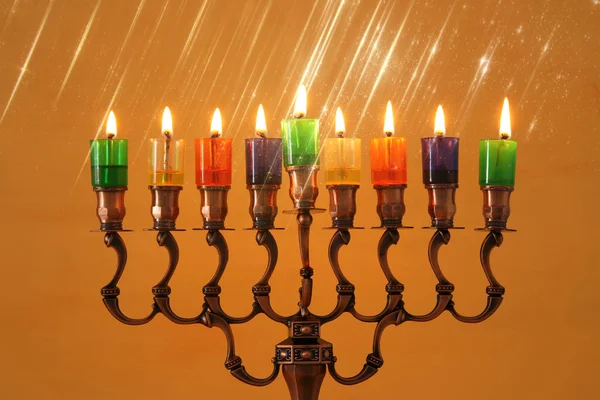 Imagen Vacaciones Judías Fondo Hanukkah Con Menorah Candelabros Tradicionales Velas —  Fotos de Stock