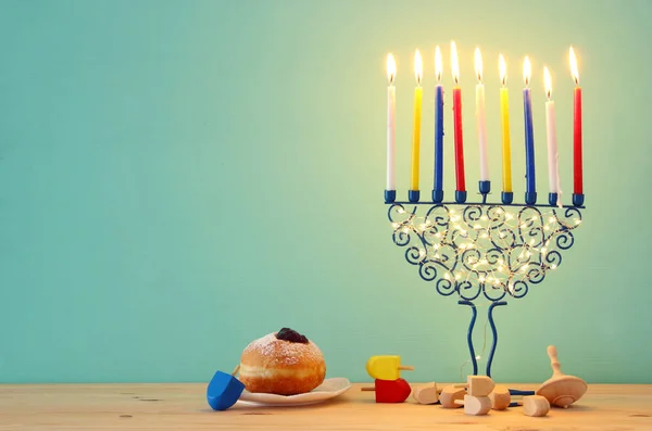 Imagen Vacaciones Judías Fondo Hanukkah Con Menorah Candelabros Tradicionales Velas — Foto de Stock