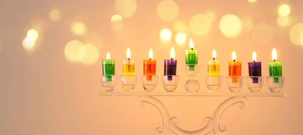 Image Jewish Holiday Hanukkah Background Crystal Menorah Traditional Candelabra Colorful — Stock Photo, Image